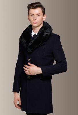 Manteau hiver long pour homme avec fourrure col 60% laine