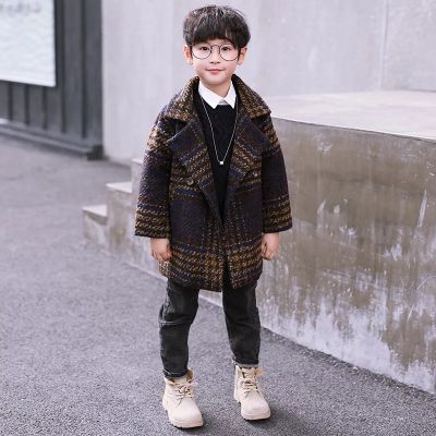 Manteau hiver pour garçon en laine à carreaux col large