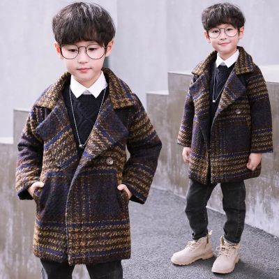 Manteau hiver pour garçon en laine à carreaux col large