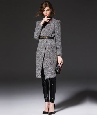 Manteau laine pour femme gris poivre et sel avec ceinture
