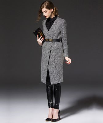 Manteau laine pour femme gris poivre et sel avec ceinture