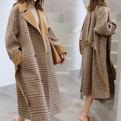 Manteau long à carreaux marron pour femme effet layering