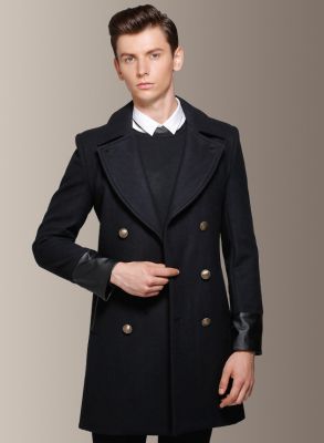 Manteau long à double boutonnage homme avec embout manches cuir