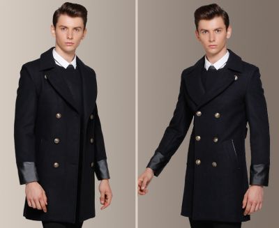 Manteau long à double boutonnage homme avec embout manches cuir