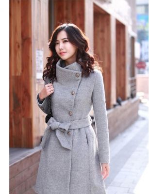 Manteau long en laine pour femme avec fermeture à boutons col relevé