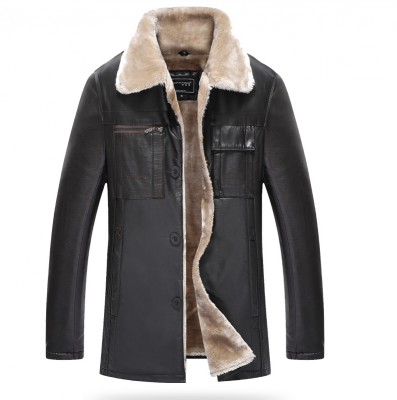 Manteau mi-long en cuir pour homme avec intérieur fourrure hiver et poches