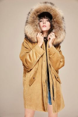 Manteau mi-long en velours côtelé pour femme capuche fourrure