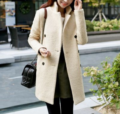 Manteau minimaliste beige effet laine bouillie pour femme col montant