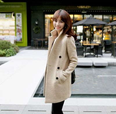 Manteau minimaliste beige effet laine bouillie pour femme col montant