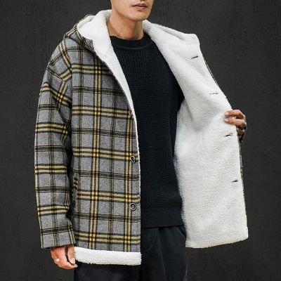 Manteau sherpa à carreaux avec capuche pour homme