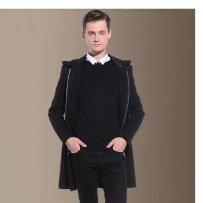 Manteau veste à capuche mi-longue pour homme en laine