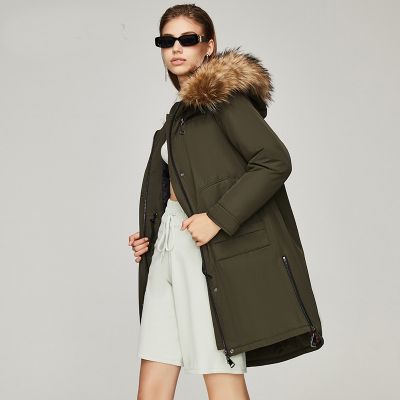 Manteau imperméable capuche ourlée fourrure pour femme