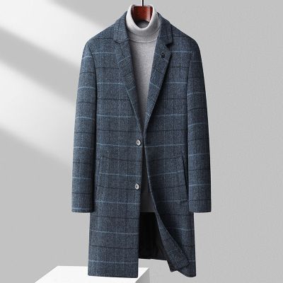 Manteau long en laine épais design carreaux pour homme