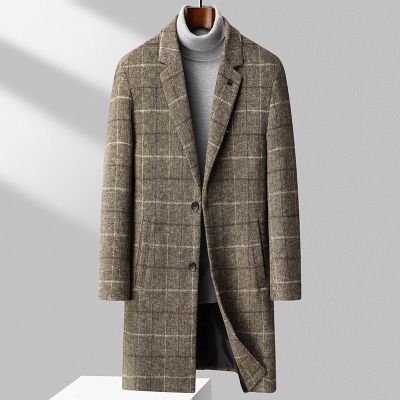 Manteau long en laine épais design carreaux pour homme