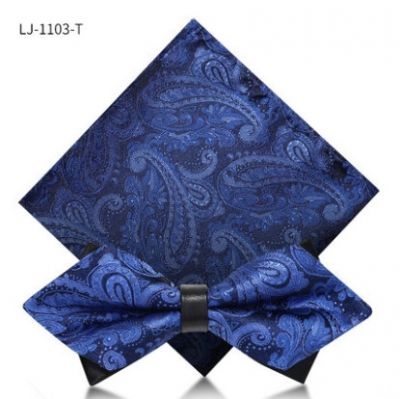 Noeud papillon bleu à motif satin avec pochette pour costume soirée