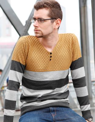 Pull fin pour Homme avec Rayures et Boutons Col