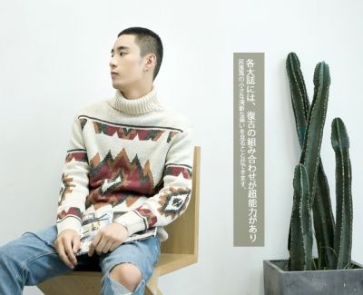 Pullover en tricot pour homme avec col roulé et motif géométrique coloré