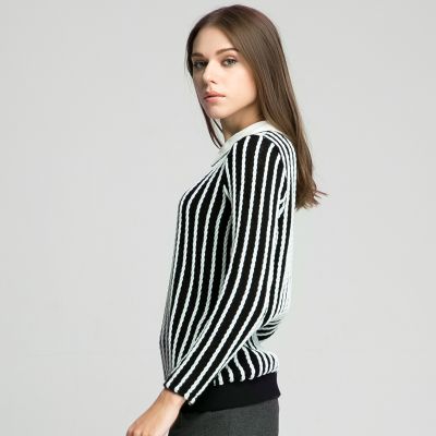 Pullover Femme Col Chemise et Rayures Verticales