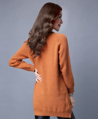Pullover hiver long style simple avec entailles côté pour femme