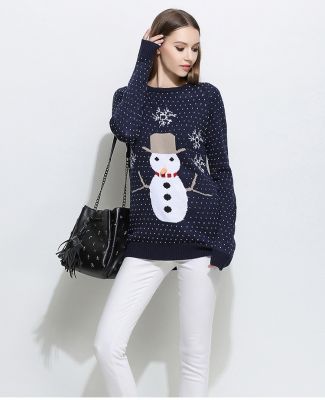 Pullover laine Noël pour femme avec bonhomme de neige