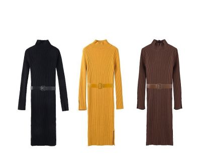 Robe longue pour femmes avec ceinture coupe slim col montant