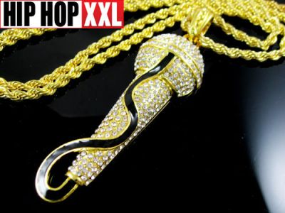 Pendentif Bling Bling Microphone Cable Hip Hop Collier Argent Or