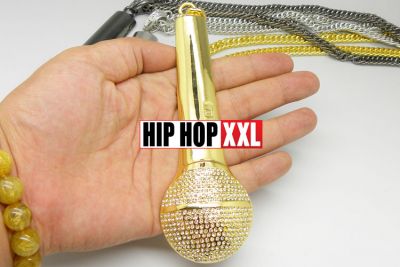 Pendentif Bling Bling Microphone Mic Studio Hip Hop Collier Argent Or