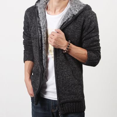 Veste épaisse en laine pour homme avec fourrure intérieure et capuche