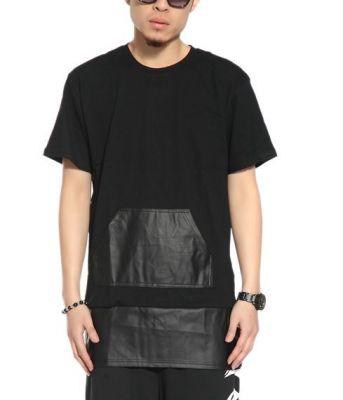 T shirt Bimatière Oversize Cuir PU et Coton Noir et Blanc Poche Ventrale