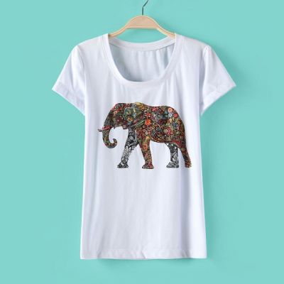 T shirt Col Rond pour Femme avec Imprimé Elephant Multicolore Tendance