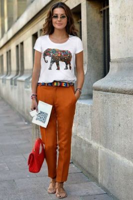 T shirt Col Rond pour Femme avec Imprimé Elephant Multicolore Tendance