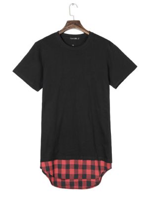 T-shirt Homme Long avec Extension Plaide Rouge Noir Carreaux