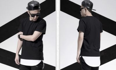 T-shirt Long Oversize Noir avec Extension Bas Blanche