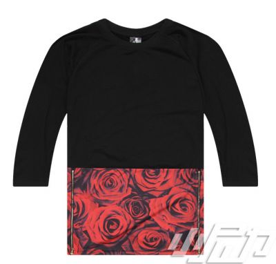 T shirt Oversize Roses Bicolor avec Moitié Solide Moitié Motif Fleurs