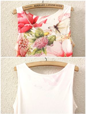 T shirt pour Femme Sans Manches Fleurs Motif Fleuri Rose Blanc