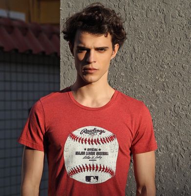 T-shirt Rouge Imprimé Balle de Baseball Retro Vintage pour Homme