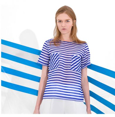 T shirt Semi Transparent pour Femme avec Rayures Poches Poitrine