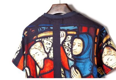 T shirt Slim Vitraux Religion Noir Rouge Bleu Streetwear