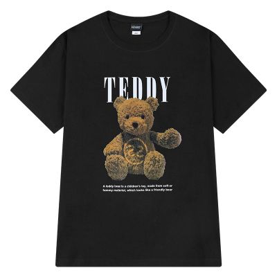 T-shirt à manches courtes noir en coton avec imprimé teddy unisexe