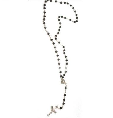 Collier Chapelet Grains de Rosaire Crucifix Perles Noires Croix Argent