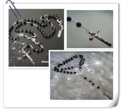Collier Chapelet Grains de Rosaire Crucifix Perles Noires Croix Argent