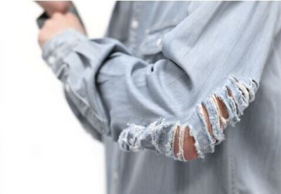 Chemise en Jeans pour Homme Coudes Troués Destroyed Denim