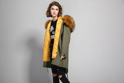 Trench coat femme à capuche fourrure avec détails cuir