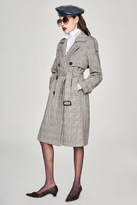 Trench-coat long à carreaux vintage pour femme