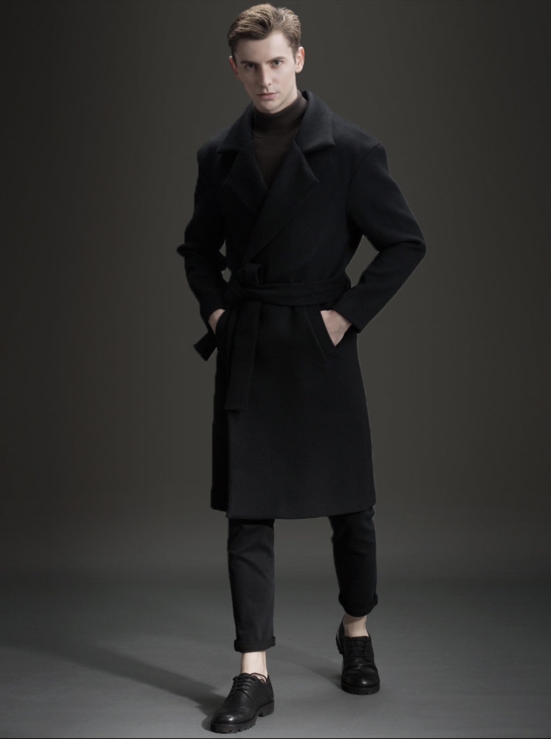 Manteau long pour homme avec fermeture à ceinture en laine